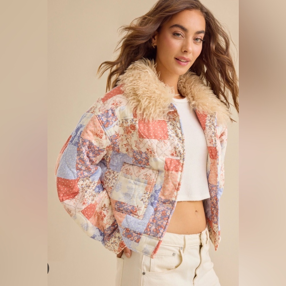 Altar'd State Multicolor Patchwork Teddy Jacket - Picture 1 of 7